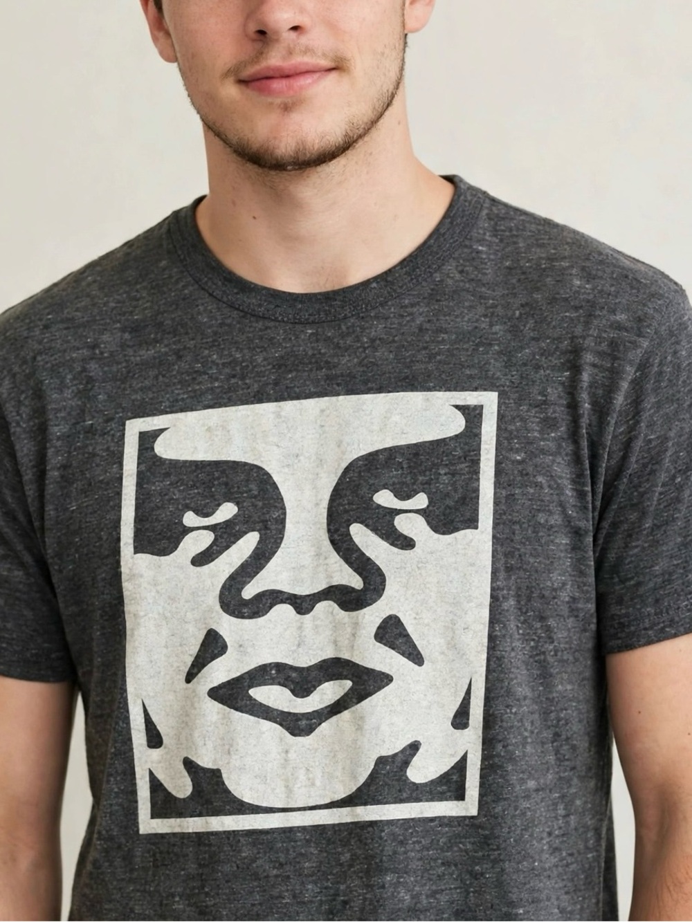 Obey Men's Charcoal Crewneck Tee with White Face Graphic